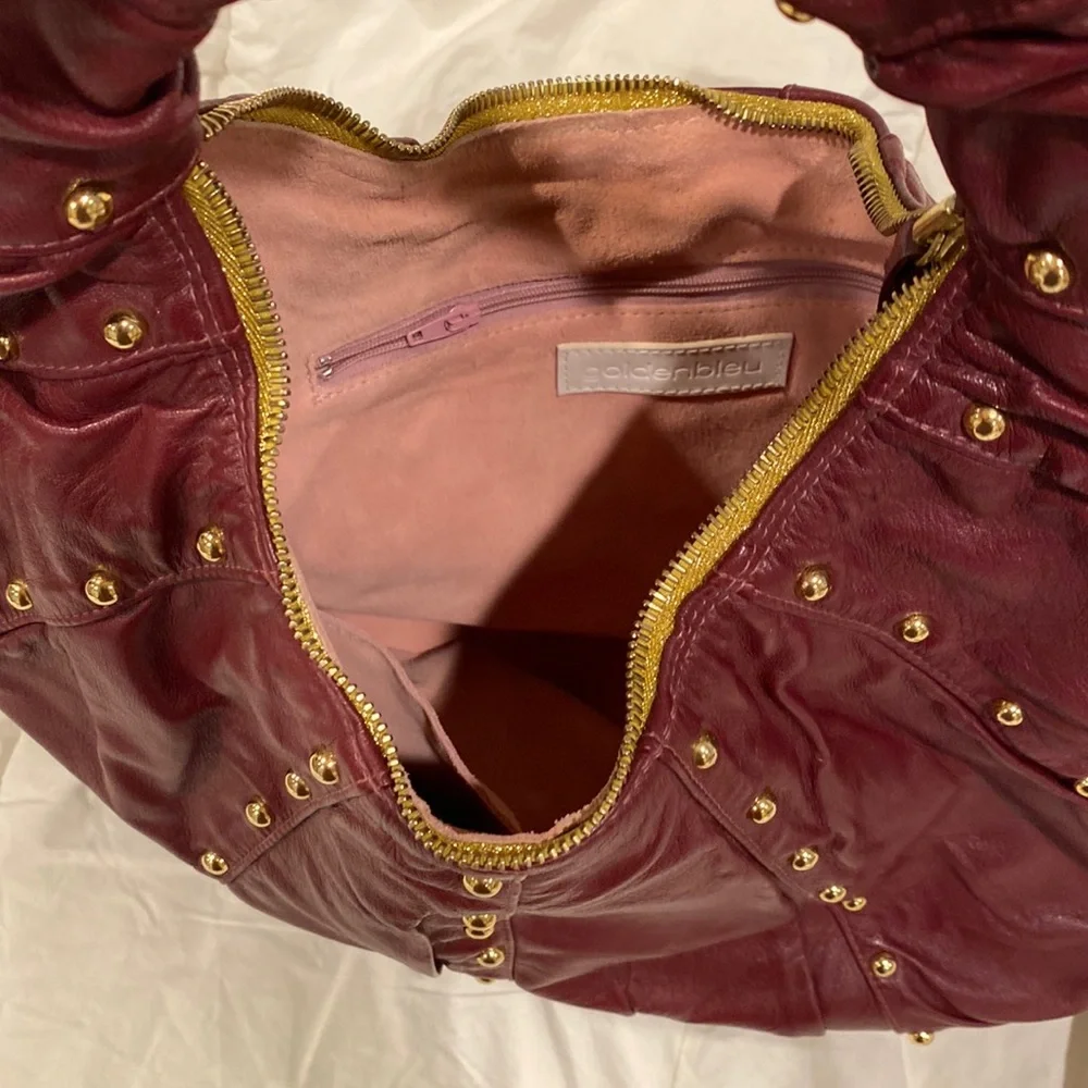 GOLDENBLEU burgundy leather purse 👛 semi circular bag with gold tone stud over
